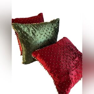 PIER1 Christmas Pillows Red Green Bells Beads Satin Feel Holiday Accents Decor